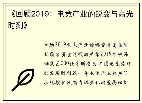 《回顾2019：电竞产业的蜕变与高光时刻》